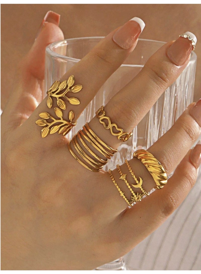 veya SET OF 5 WOMEN’S LEAF DESIGN RINGS – STAINLESS STEEL - Image 1